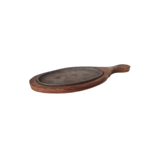 An oval wooden sizzler plate with a polished surface and a hot iron platter inset, designed for serving sizzling dishes.