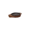 An 5-inch round wooden sizzler plate with a polished surface, ideal for serving small portions of sizzling dishes.