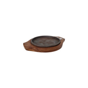 An 7-inch round wooden sizzler plate with a polished surface and a hot iron platter inset, designed for serving sizzling dishes.