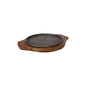 A round wooden sizzler plate, 8 inches in diameter, featuring a polished surface with a hot iron platter inset for serving sizzling dishes.