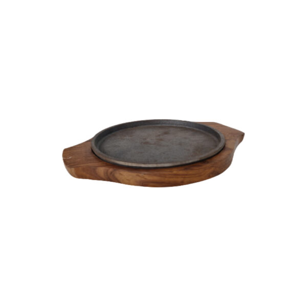 A round wooden sizzler plate, 8 inches in diameter, featuring a polished surface with a hot iron platter inset for serving sizzling dishes.