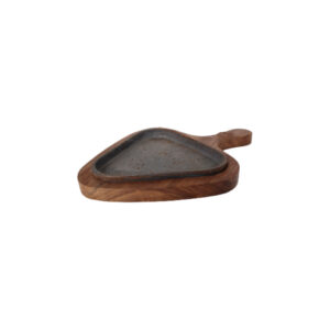 A triangular wooden sizzler plate with a polished surface, featuring a hot iron platter inset for serving sizzling dishes.