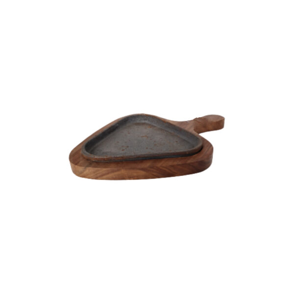 A triangular wooden sizzler plate with a polished surface, featuring a hot iron platter inset for serving sizzling dishes.