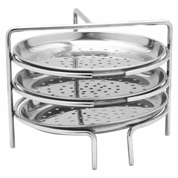 Stainless steel Idiyappam stand with 3 plates, ideal for steaming.