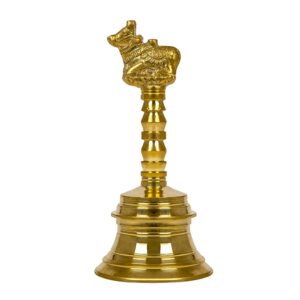 Brass bell, traditional Indian bell with intricate designs and a handle.