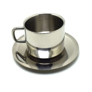 A double-layer stainless steel cup and saucer set, modern and sleek in design.