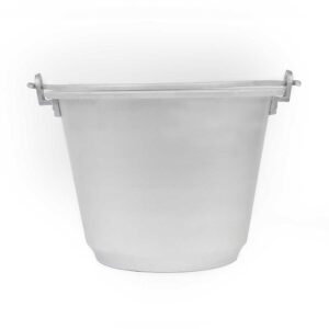 An aluminium bucket, practical and versatile for various household tasks.