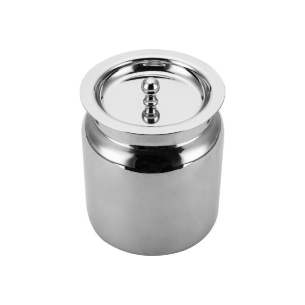 A shiny, cylindrical stainless steel ghee jadi with a tight-fitting lid and a smooth, polished surface.