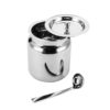 A compact, cylindrical stainless steel ghee jadi with a polished surface and a tight-fitting lid, designed for convenient storage.