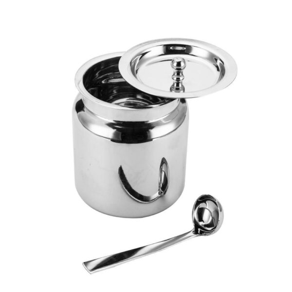 A compact, cylindrical stainless steel ghee jadi with a polished surface and a tight-fitting lid, designed for convenient storage.