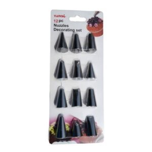 Stainless steel nozzle set with 12 pieces for decorating cakes and pastries. Includes various nozzle tips for different piping techniques and designs.