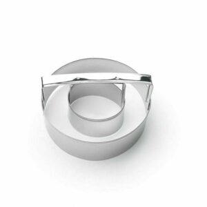 A 2-piece pack featuring a stainless steel doughnut cutter and a cookie cutter. The doughnut cutter has a round shape with a central hole, while the cookie cutter has a different shape, both with a polished finish and sturdy construction for precise cutting.