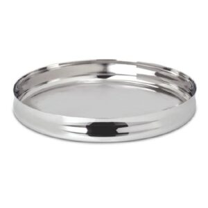 A stainless steel Belly Thali plate, featuring a curved design and smooth surface.