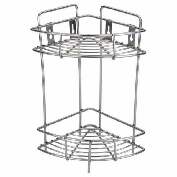 Stainless steel corner storage rack with two tiers.