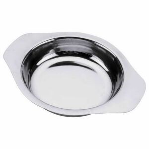 Stainless steel round serving dish, size No. 1.