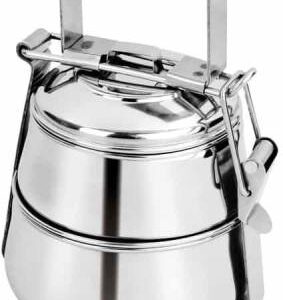 Stainless steel pyramid-shaped tiffin carrier with 2 compartments.