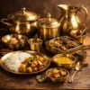 Traditional brass utensils arranged on a wooden table-Chandran-Steels