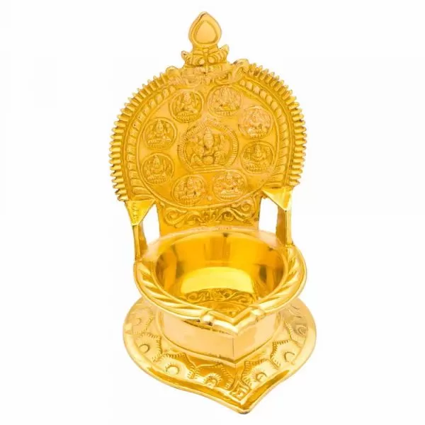 This Vilakku has droplet shaped bowl for oil storage. It has provision for 1 wicks. It has a depiction of goddess Ashta Lakshmies. It has broad, flat base which prevents toppling. It is made from high quality brass. It is easy to clean.